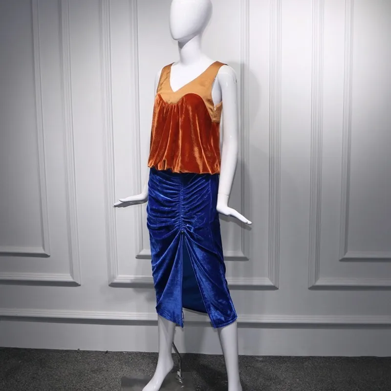 

Women Two Piece Sets Sexy Sleeveless V-Neck Short Tops And Drawstring Zipper Mid Long Skirts Velvet Holiday Ladies 2 Piece Suit