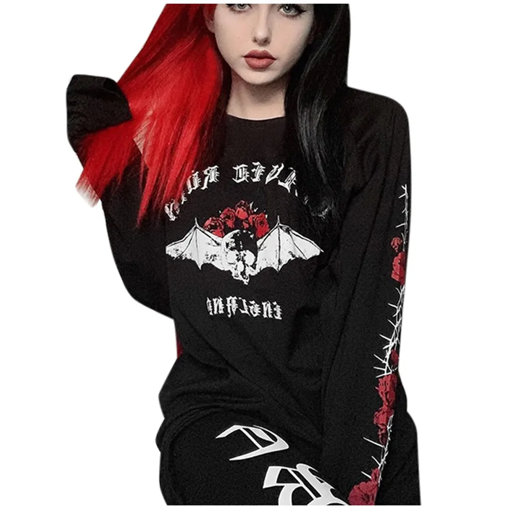 

Women Gothic Punk Retro Bat Printed Long Sleeve Causal Long Sweatshirt Blouse with inscriptions Halloween womans clothing Drop