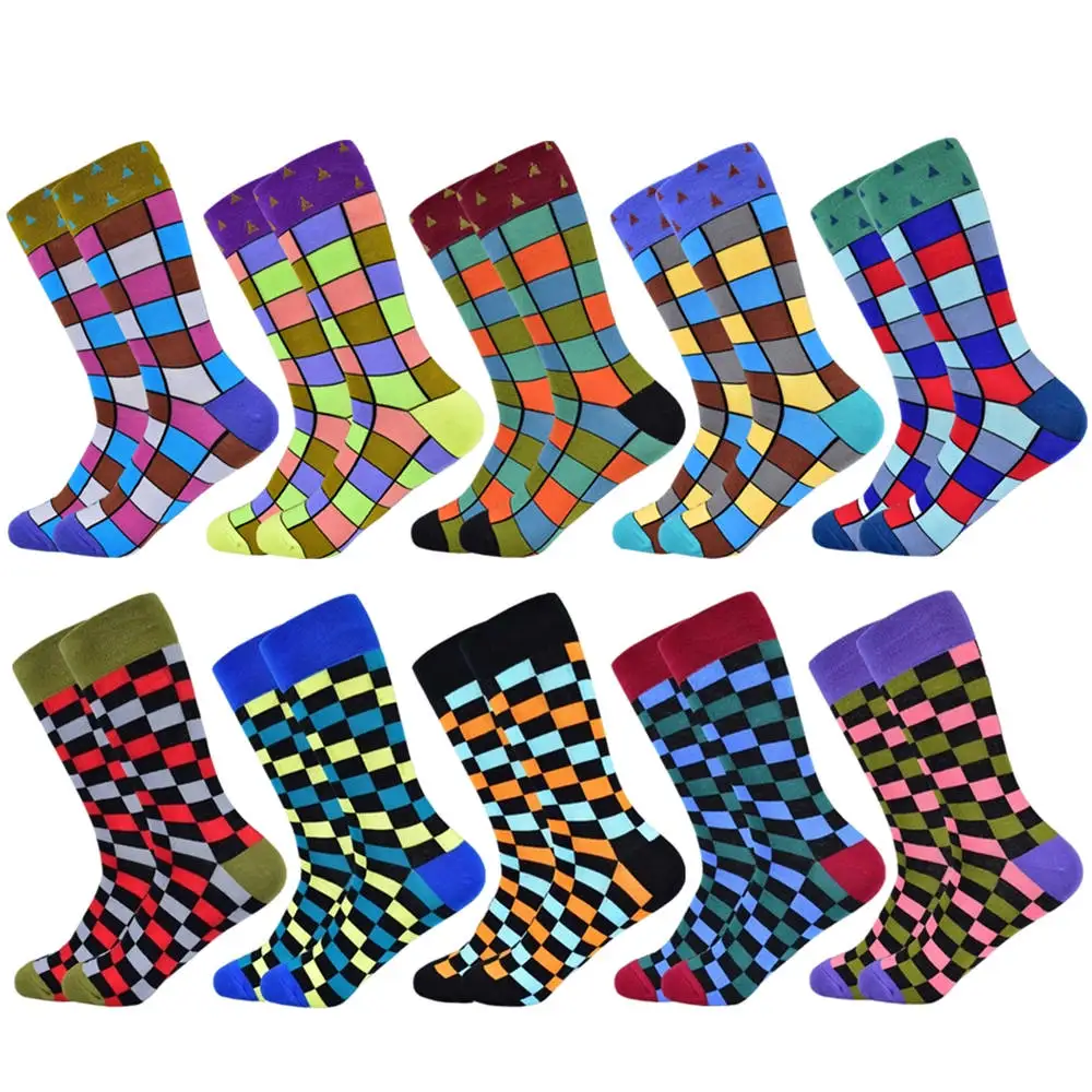 10 pairs of socks-E Горячая Распродажа, мужские носки новые цветные осенние и зимние хлопковые носки геометрические решетки классические деловые повседневные счастливые мужские носки - Цвет: 10 pairs of socks-E