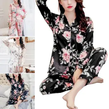 

2Pcs Women Floral Print Long Sleeve Top Pants Imitation Silk Nightwear Pajama Set