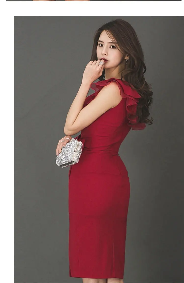 Женское летнее вечернее платье женское элегантное красное тонкое обтягивающее платье-карандаш с рюшами, Формальное сексуальное офисное женское платье, повседневная одежда