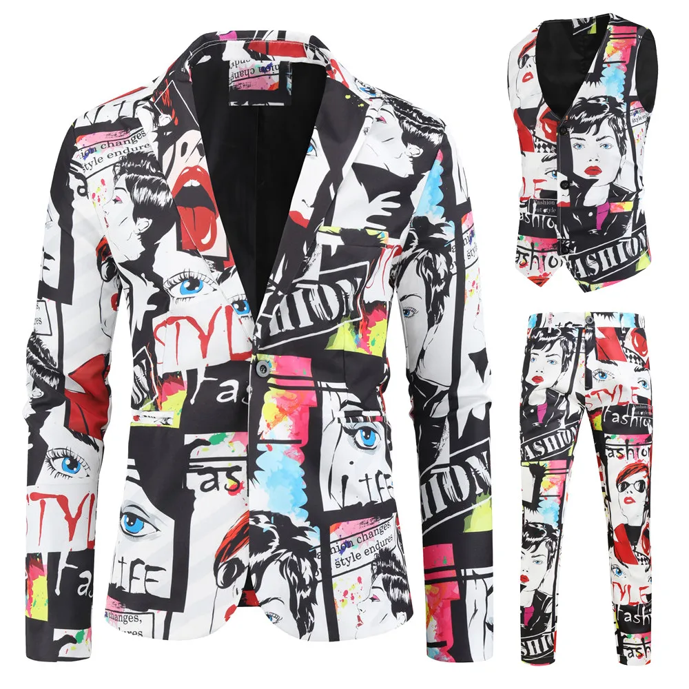 Conjunto de 3 piezas con estampado de moda para hombre, Blazer, chaleco y pantalones, trajes informales de talla grande, Hip-Hop, traje ajustado para cantante, traje de boda