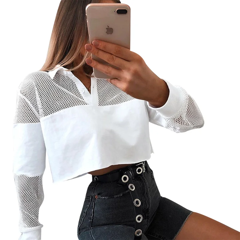 

New Tshirt Women Mesh Long Sleeve Female Autumn New Perspective Lapel Shirt Women Clothes Streetwear Harajuku Shirt Women Tops