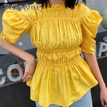 

TWOTWINSTYLE Elegant Patchwork Ruffles Women Blouse Stand Collae Puff Short Sleeve Drawstring Shirt For Female Fashion Clothing