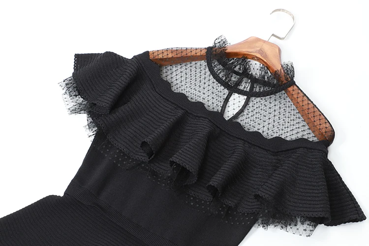 AELESEEN New Fashion Autumn Luxury Lace Transparent Shoulder Elegant Ruffled Sleeve Highly Elastic Knitting Midi Dress