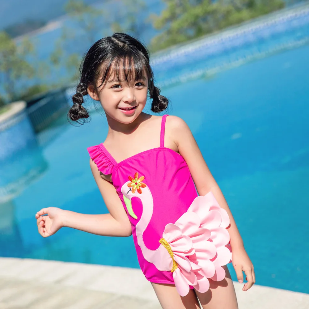 

2019 New Style Siamese Swimsuit Send Swimming Cap Embroidered Swan Super Cute Small qing xin wen quan Girls KID'S Swimwear