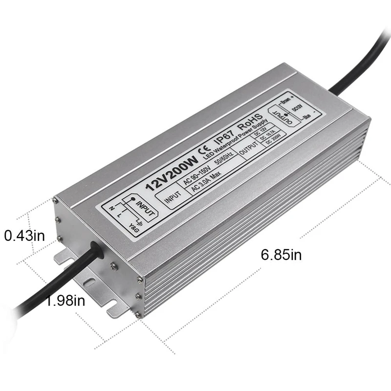 IP67 12V DC 200W Светодиодный источник питания высокой мощности Трансформатор водонепроницаемый для наружного использования США штекер