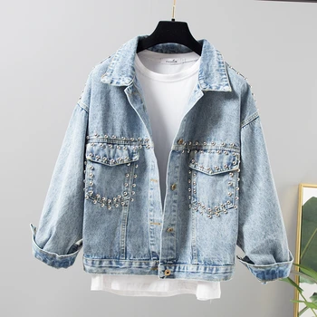 

Vintage rivet denim jacket Korean bf loose jeans jacket women Punk style jackets 2019 autumn new arrival chaqueta mujer