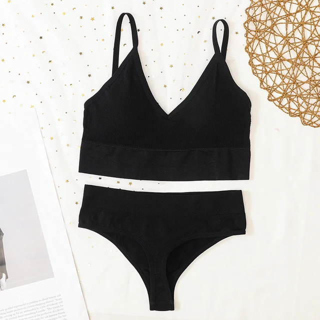 Women Bra And Panties Set Sports Bra Set Sexy G-String Seamless Bra Thong Sexy Lingerie Set Fitness Crop Top Underwear Intimates thong-black