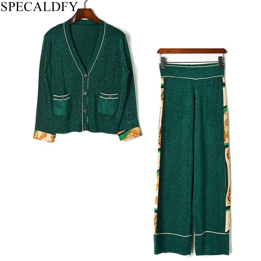 

2019 Autumn Winter Knitted Sweater Sets Suit Women Patchwork Knit Cardigan Designer Runway Two Piece Pants Set Sweater Suits