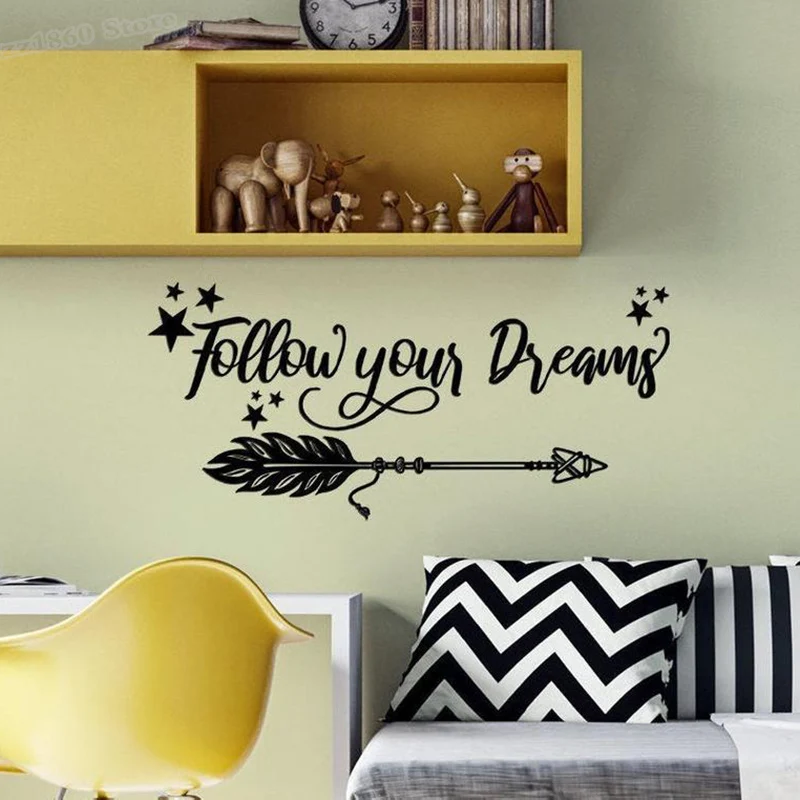 

Наклейка на стену со стрелками Следуйте за мечтами, мотивация, смелость, цитата, настенная наклейка со стрелками, Настенный декор, виниловая роспись для домашнего декора A095