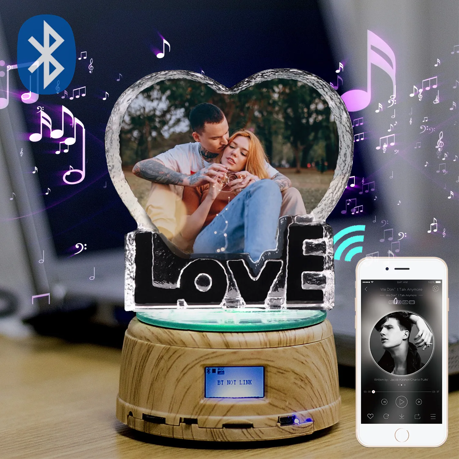 Custom K9 Love Crystal Color Photo Frame LED Night Light MP3 Bluetooth Music Box Rotary Jewelry