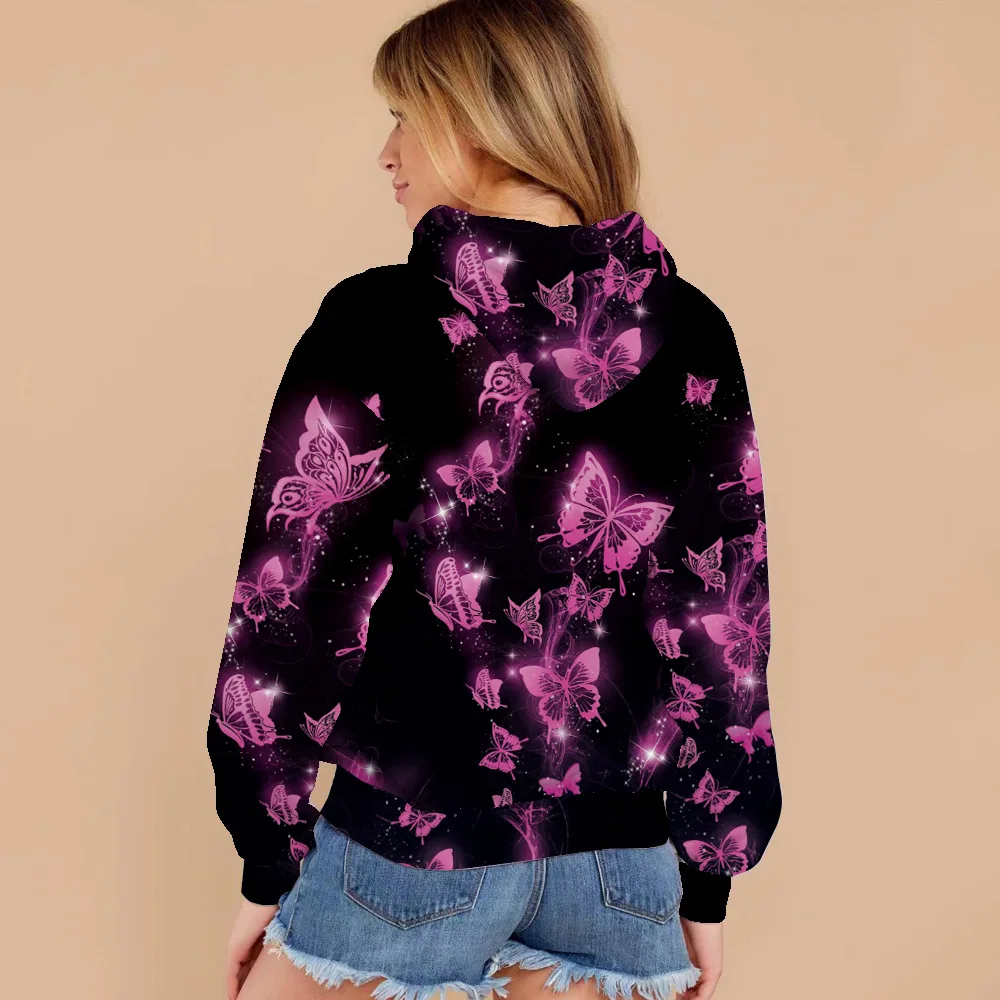 Autumn and Winter New 2021 Purple Butterfly Printed Coat Hooded Fleece Sweater for Women