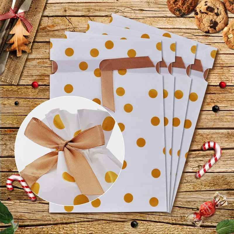 50 Pcs Candy Cookies Plastic Drawstring Gift Bags Gold Dot Treat Bags for Birthday Party Snack Wrapping Wedding Gift Party Favor