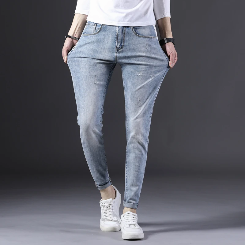 Reviews Men's Slim Fit Jeans high Leisure waist jeans Street fashion style stretch pants Man Bottoms Damaged by washing Ankle pants