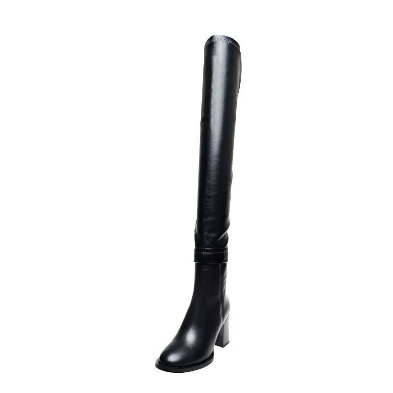 black 8cm MORAZORA/Новинка года; Лидер продаж; модные сапоги выше колена; женские сапоги черного цвета из натуральной кожи; обувь на высоком толстом каблуке с круглым носком - Цвет: black 8cm