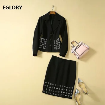 

High Quality Blazer Jacket Set 2019 Autumn Winter Suit Women Metal Eyelet Pocket Patchwork Black Blazers+Knee Length Skirt Set