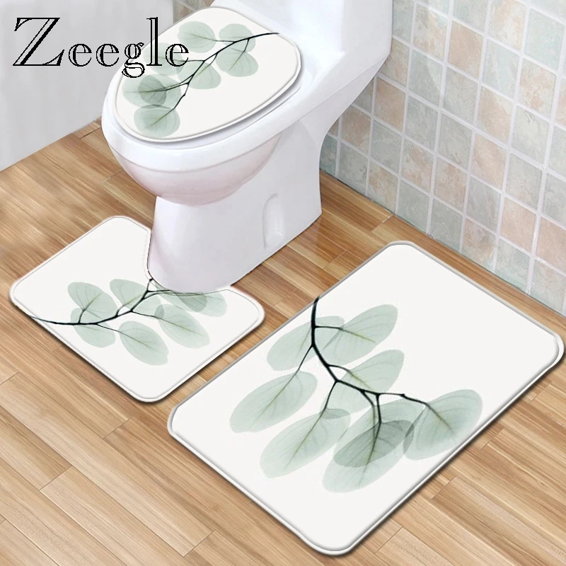 Zeegle 3pcs Bath Mat Set Flannel Soft Toilet Cover Seat Mat Anti-slip Bathroom Doormat Absorbent Toilet Pedestal Rug Foot Mat