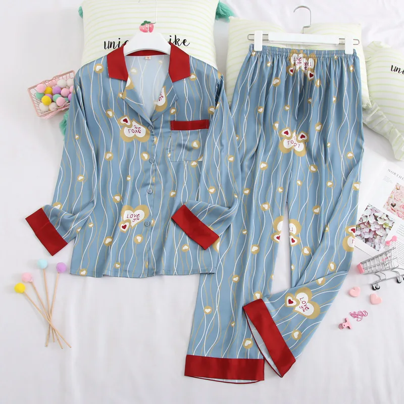 

Spring And Summer New Ladies Pajamas Two-Piece Set Of Simple Simulation Silk Home Service Long Sleeve Trousers Cardigan
