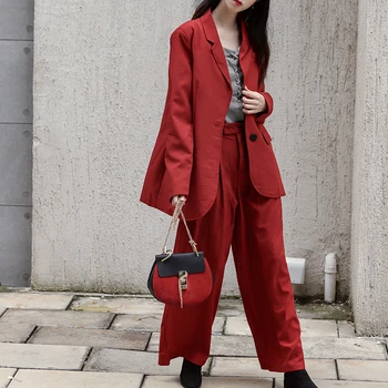 

Fashion Casual Womens Blazer Suit Outfit 2020 Notched Loose Blazer Female+Button Wide Leg Pant Spring Summer Two Piece Pant Set