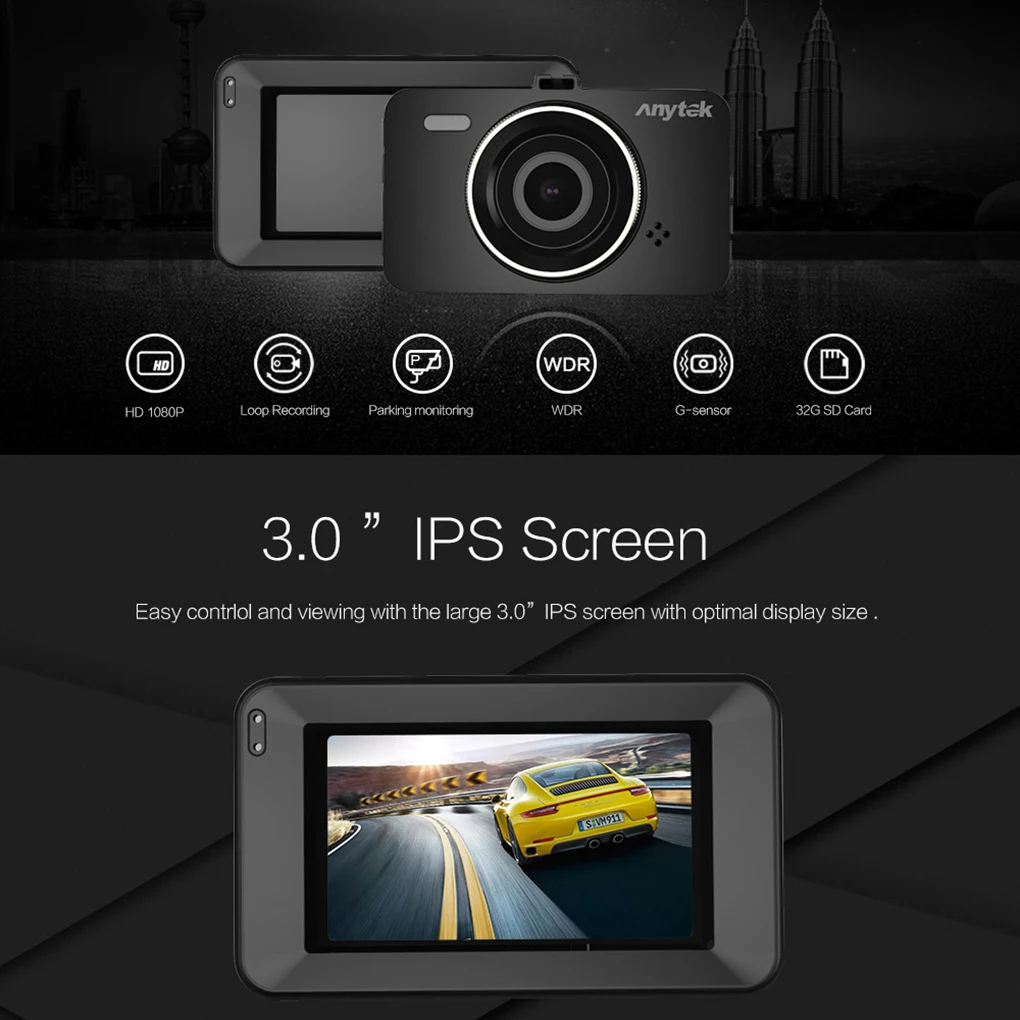 Anytek 3,0 дюймовая Автомобильная Передняя камера 1080P с углом обзора 150 градусов, g-сенсор, Автомобильный видеорегистратор, динамик, микрофон