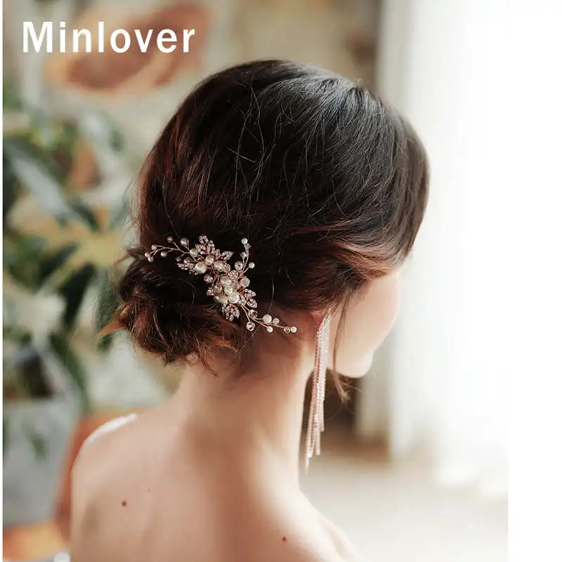 Minlover, ручная работа, филиал, кристалл, свадебные расчески для волос/булавки с жемчугом, бусинка, аксессуары для волос, невесты, цветок, заколка для волос с орнаментом FS265