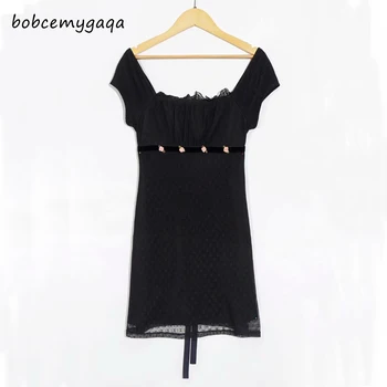 

elegant summer black lace dress women short sleeve high waist sexy mini dress a-line flower appliques ladies party dress