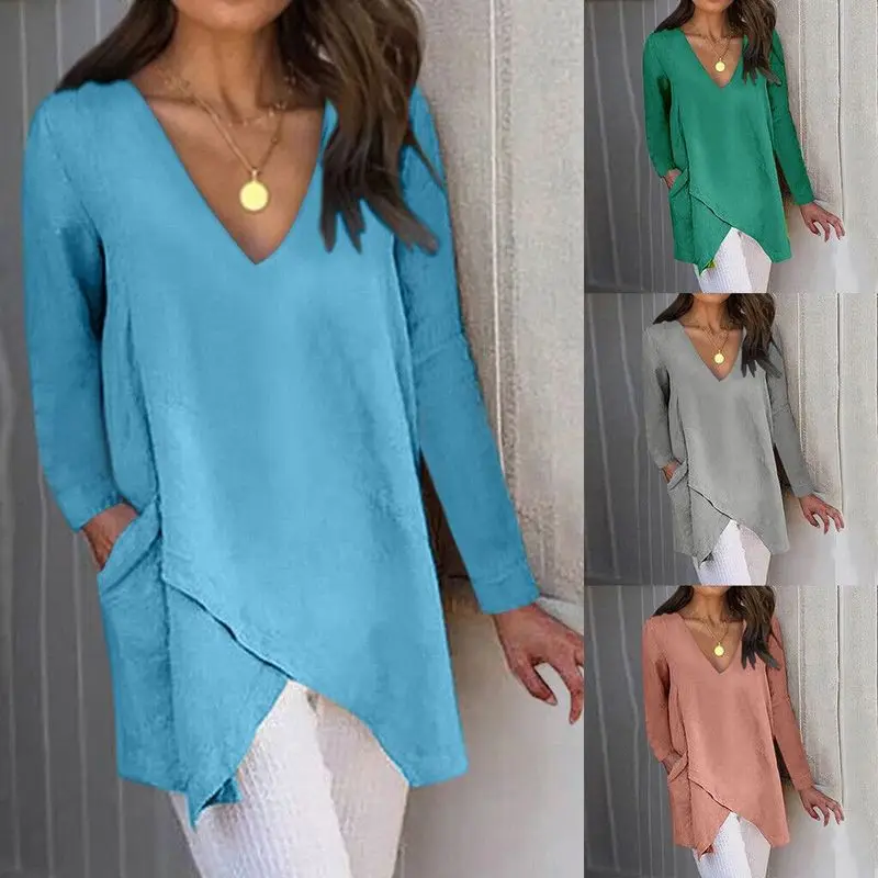 

Large size cotton and linen women's blouses 2020 spring new tops casual irregular sexy v-neck long sleeve ladies shirt