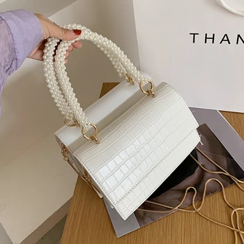 

Pearl Handle Small PU Leather Crossbody Bags For Women 2020 Elegant Solid Color Shoulder Handbags Female Travel Totes