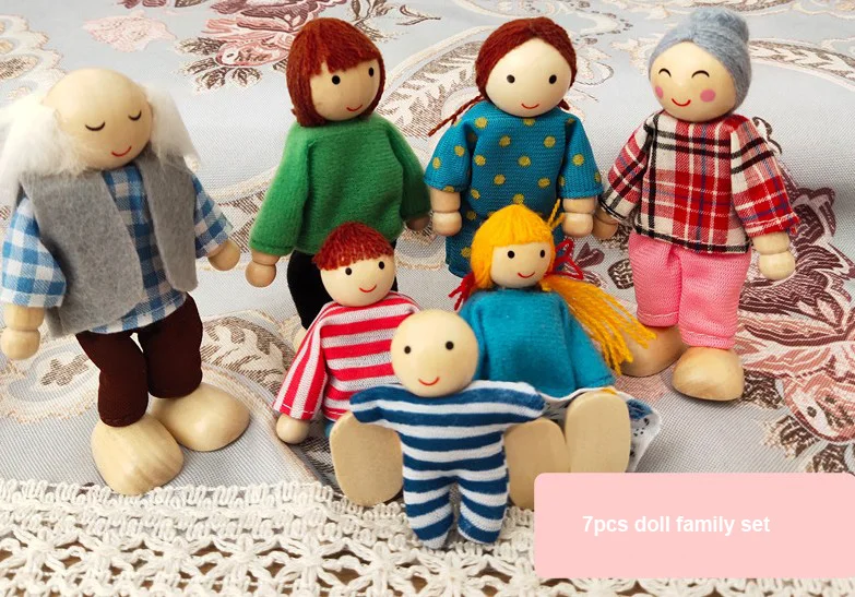 Happy doll family miniature 6 people set toy wooden jointed dolls children muppet pretend toys story-telling dressed characters 9