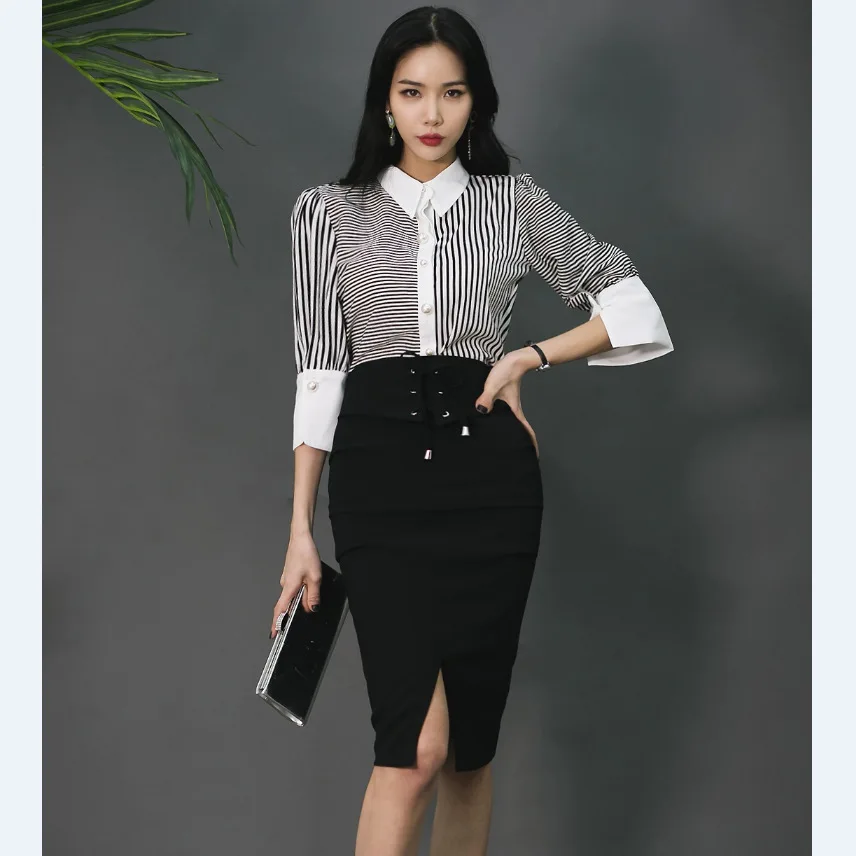 

125-2019 Spring Korean-style New Style Sexy High-waisted Slimming Lace-up Mid-length Sheath Slit Dress Women's