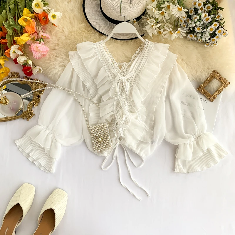 

2019 new fashion women's Chiffon shirt female ruffled lace V-neck feminine top