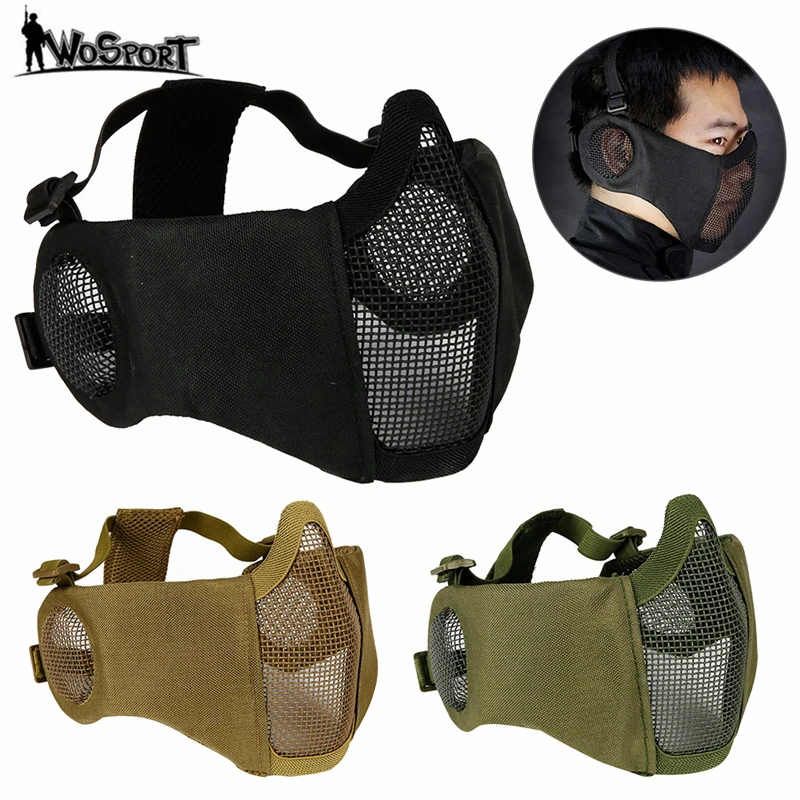 

Tactical Steel Mesh Mask Airsoft Mask with Ear Protection Military Hunting Shooting Paintball Game Protective Half Face Mask