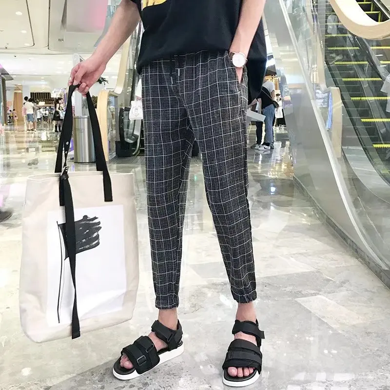 

Pants Men's Korean-style Trend Capri Pants Loose-Fit Versatile Summer Thin Section Students Slim Fit Plaid Beam Leg 9 Casual Pan