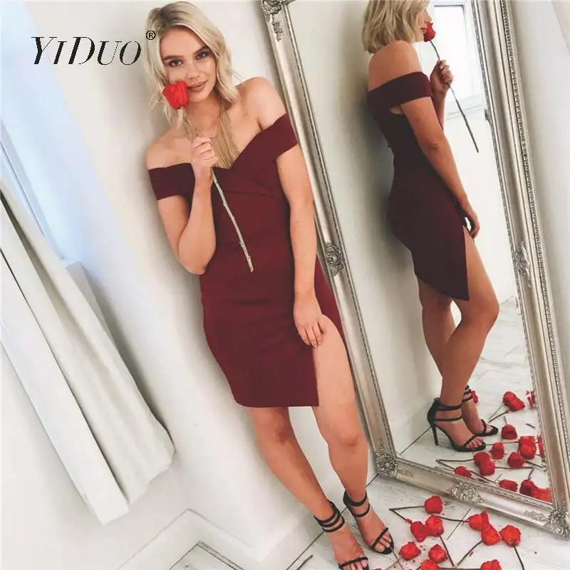 YiDuo элегантные женские платья с открытыми плечами мини Клубные вечерние Бордовые