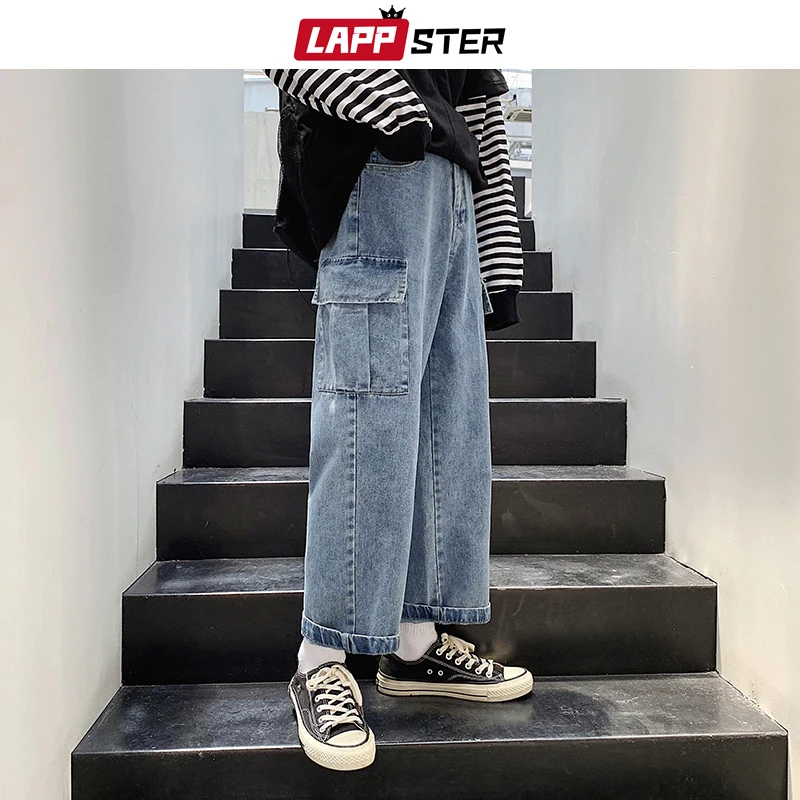 

LAPPSTER Men Streetwear Blue Jeans 2019 Hip Hop Vintage Straight Harajuku Harem Pants Loose Hip Hop Designer Denim Clothing 2XL