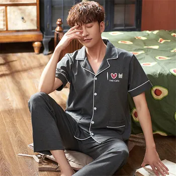 

Cardigan Men's Pajamas Set Summer Cotton Short Sleeve Trousers Set Korean Version of Loose Summer Home Service Men Sleepwear