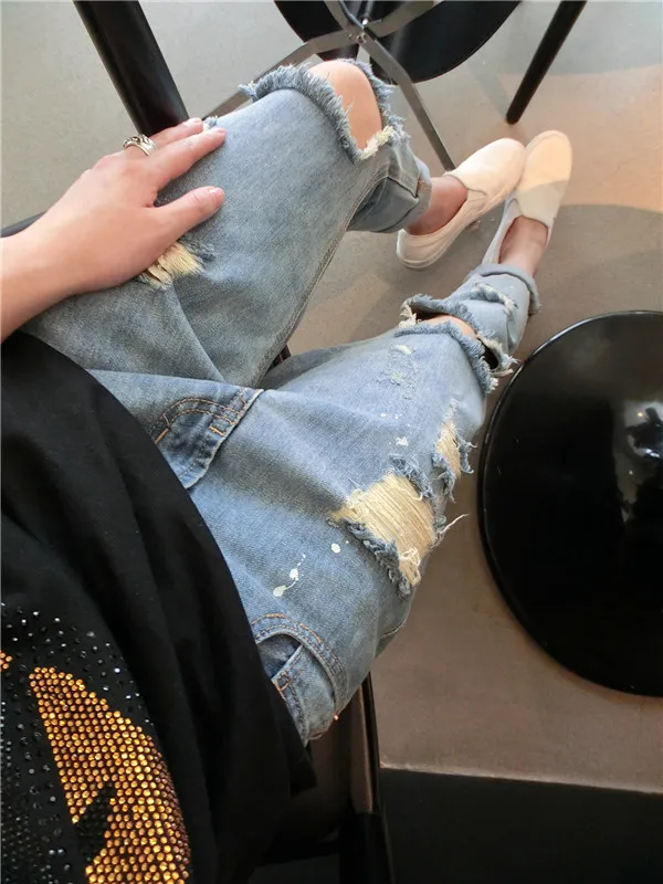 Jeans Woman High Waist Plus Size Ripped Capri Loose Korean Style Hole Ankle-Length Pants Jeans Women