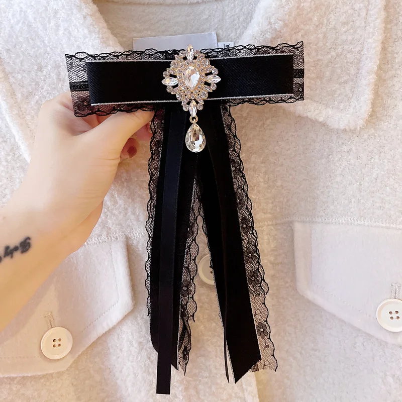 New College Style Black BowTie British Retro Lace Bow Brooches Korean Rhinestone Satin Collar Flower Women's Shirts Accessories