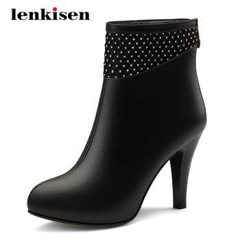 

Lenkisen large size fashion boots real leather streetwear round toe super high heel zipper nightclub gorgeous ankle boots L1f1