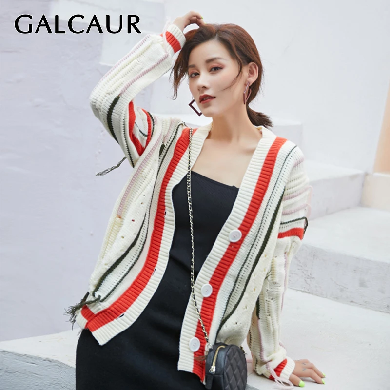 

GALCAUR Korean Hit Color Striped Women's Sweaters V Neck Long Sleeve Single Breasted Female Cardigans 2019 Autumn Fashion New