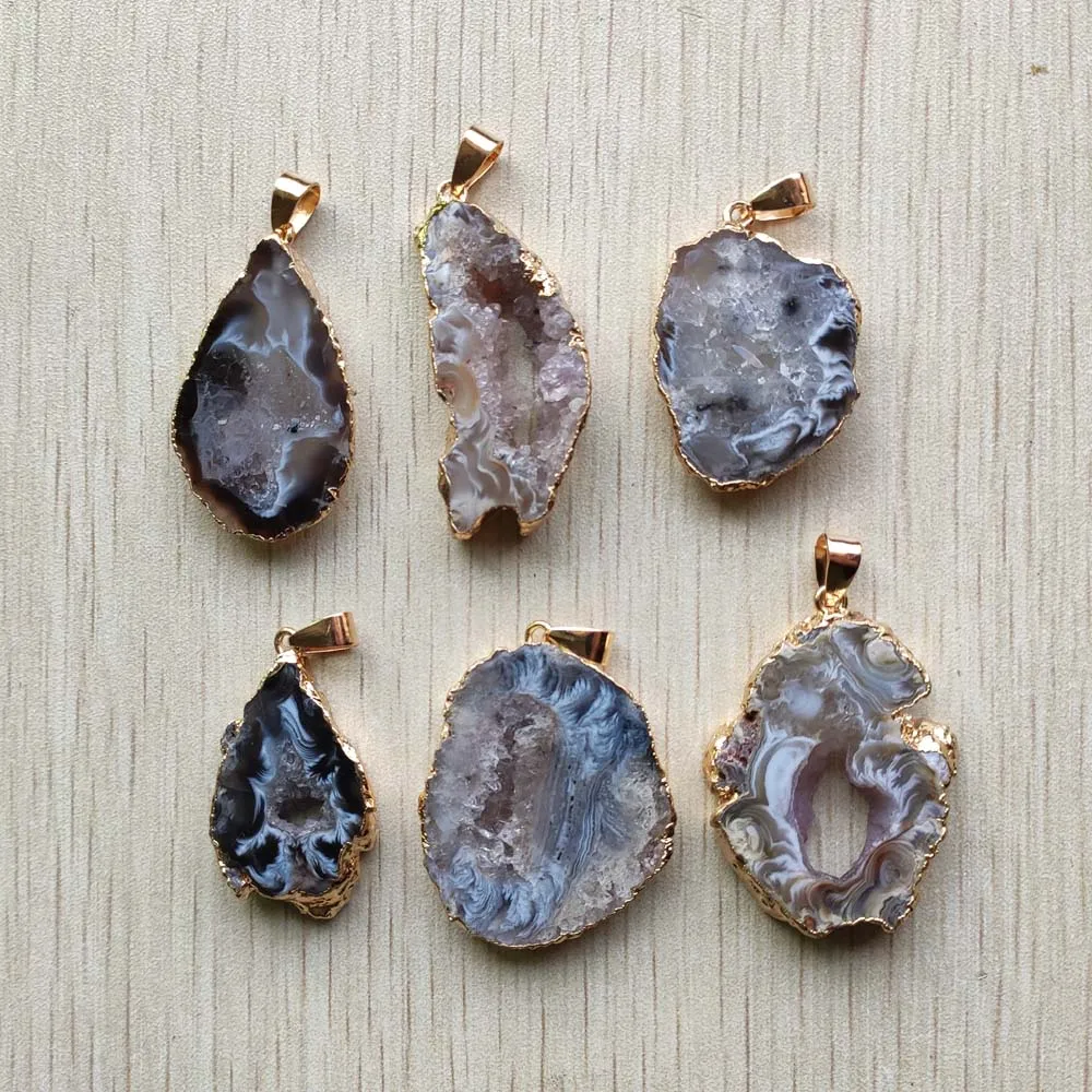 

Natural Agates gold plated edged Slice open geode Irregular pendants for necklaces jewelry making Wholesale 6pcs free shipping