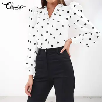 

5XL Vintage Blouses Celmia 2020 Women Fashion Polka Dot Print Shirts Sexy V-neck Long Sleeve Ruffles Tunic Tops Casual Blusas 7