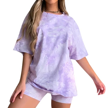 

2020 Fashion Tie Dye Print Women Set Letters O-neck Short Sleeve Tops +shorts 2 Piece Set Casual Suits Tracksuit Clothing Set