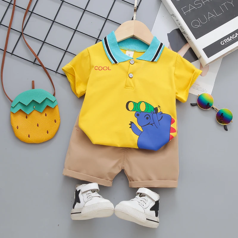 

Baby Boy Suit Kids Clothes Summer New Children Cartoon Dinosaur T-sleeve + Khaki Pants Fashion Casual Short Sleeve Top