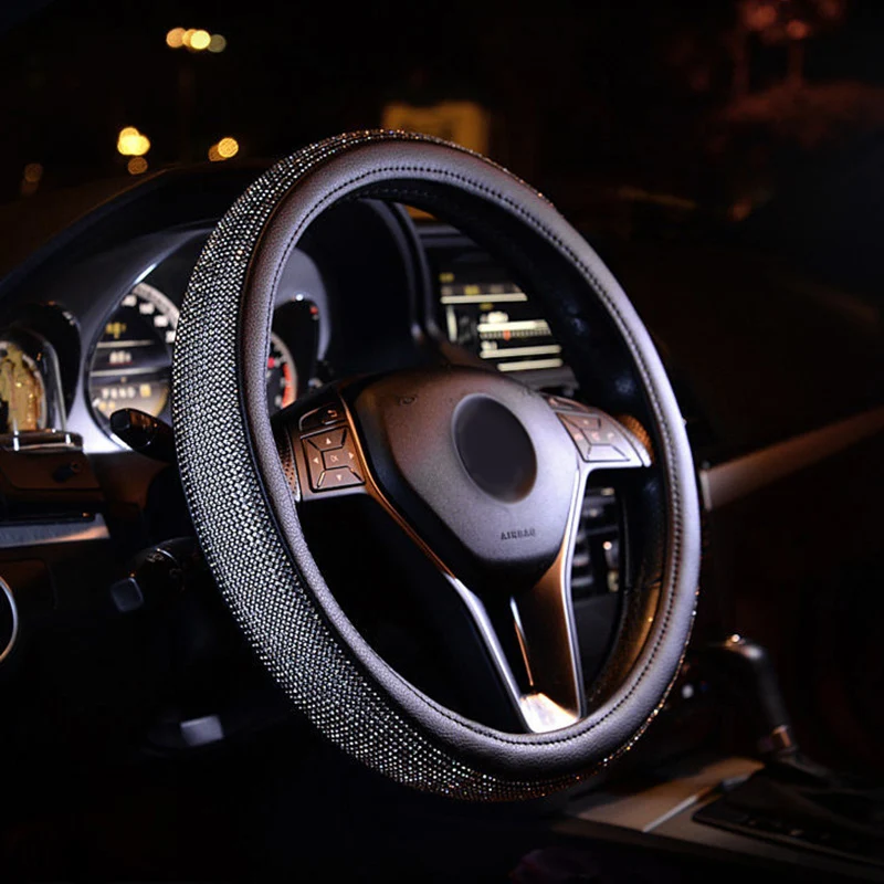 

Rhinestone Car Steering Wheel Covers 38cm Leather Steering-Wheel Cover Luxury Auto Decor Interior Car Accessory For Girls Women