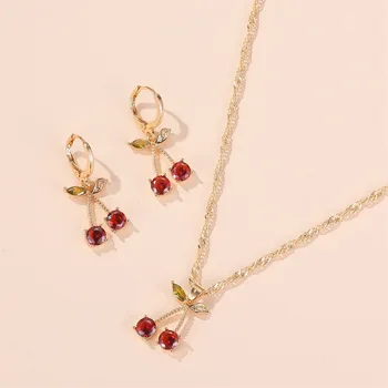 

Copper Inlaid Crystal Fruit Cherry Necklace Set New hot selling fashion wild crystal sets of ornaments wholesale