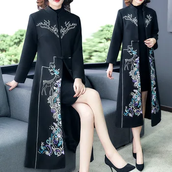 

chinese style Retro wool embroidered coat women's slim long Windbreaker autumn and winter 2019 Embroidery overcoat