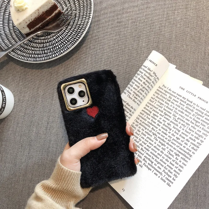 Черный Ins love heart вышивка плюшевый чехол для телефона для iphone 11 11Pro Max XS Max XR XS пушистый меховой чехол для iphone 7 8 Plus capa - Цвет: Черный