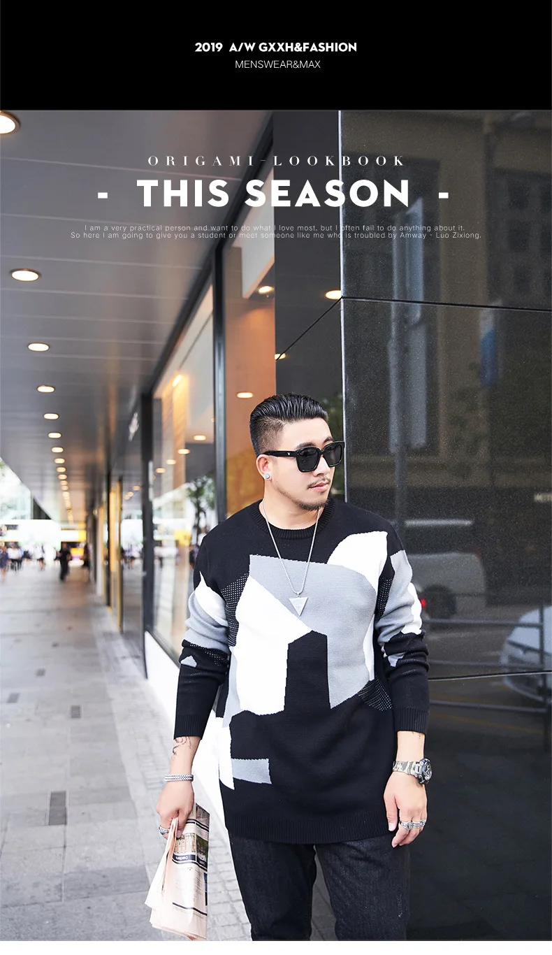 GXXH Large Men's Brand Autumn Dress Fat Guy Irregular Pattern Round Neck Loose Fit Personality Sweater Fashion Knitted Sweater